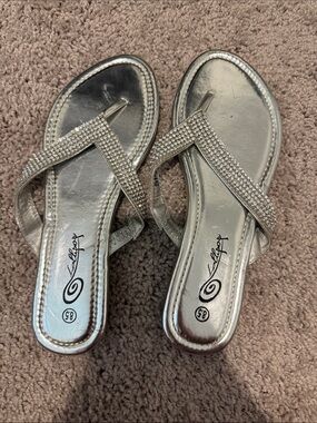 Lolli Silver Rhinestone Crisscross Thong Sandals